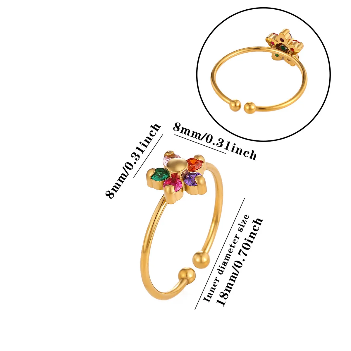 Zarter offener Ring mit Zirkonia-Blume für Damen, goldfarben, aus Edelstahl, mit bunten Kristallen, verstellbarer Manschettenring, minimalistischer Schmuck, Geschenk. – Detail 10