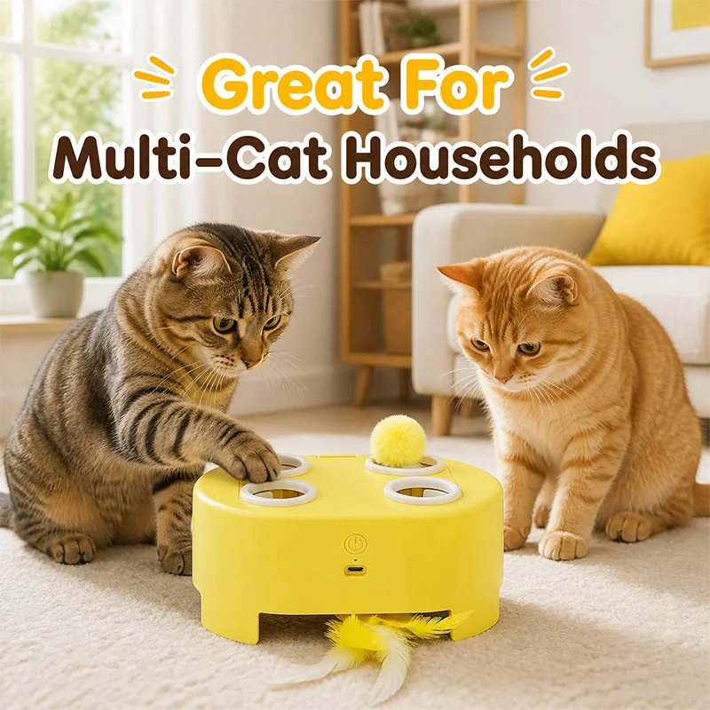 Automatic Whack A Mole Cat Teaser Interactive Rechargeable Kitten Playmate Feather Ball Indoor Self Play Gadget Puzzle USB Auto