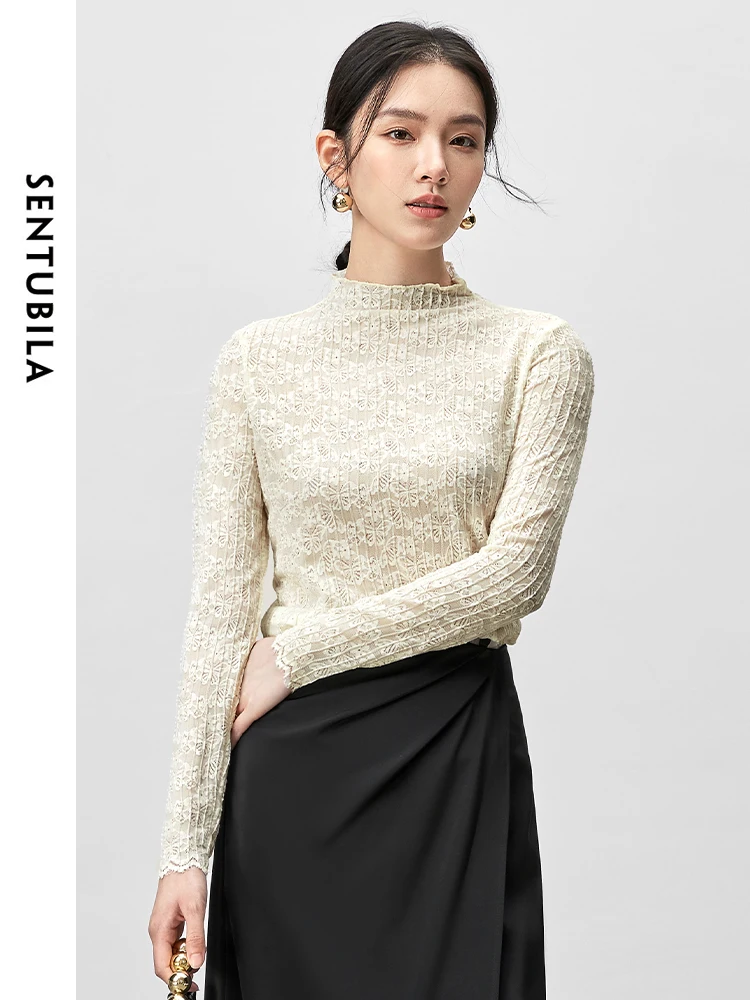 SENTUBILA Knit Lace T-shirt Women 2024 Autumn Semi-high Neck Sequin Hollow Out Long Sleevw Pullover Top Women Clothes 143S55882