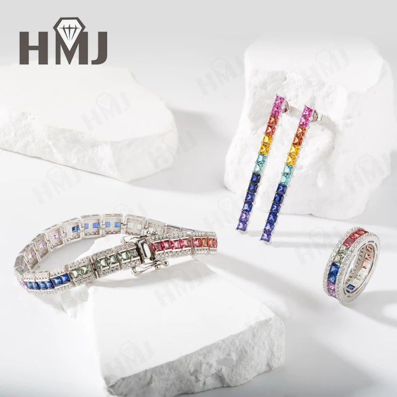 Lab Grown Gemstone Princess Cut Rainbow Jewelry Set S925 Silver Tennis Bracelet Hoop Earrings Eternity Ring Party for Women