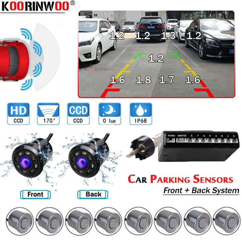 

Koorinwoo HD CCD Front Cam Rear view Camera Video Parktronics Parking Sensors 8/6/4 Buzzer System Show Distance on Android Radio