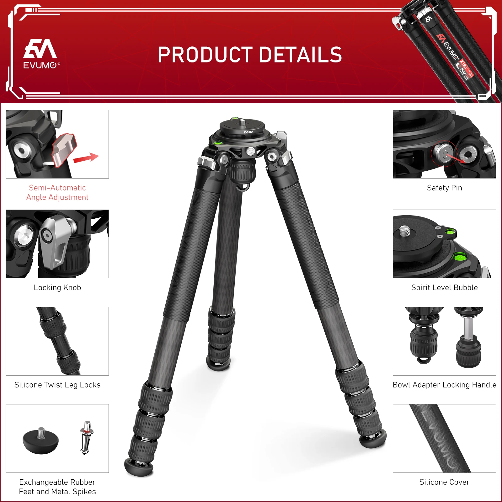 EVUMO XT9S Professional Carbon Fiber Heavy Duty Hunting Tripod Max 40kg Super Stable Birdwatching Camera Tripod 75mm Adapter