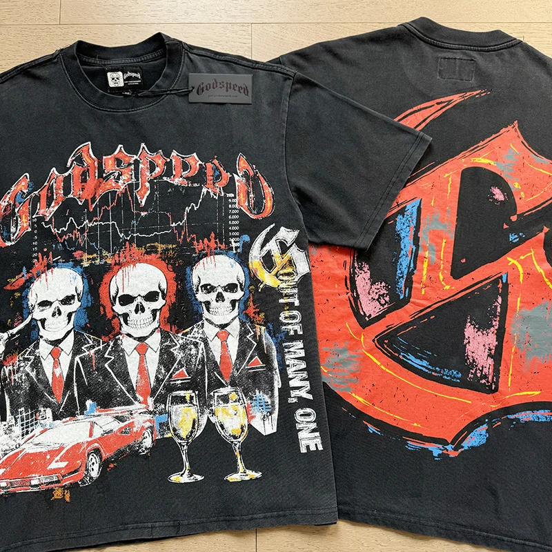 

Модная американская футболка Godspeed с принтом черепа, ретро-стиль, из чистого хлопка, уличный стиль, повседневный топ