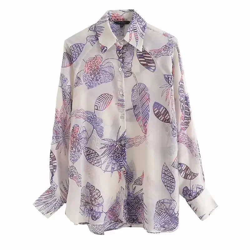 Women's 2023 Fashion and Leisure Joker Slim Fit Version With Soft Print Pattern Retro Long Sleeve Button Blouse Chic Top.