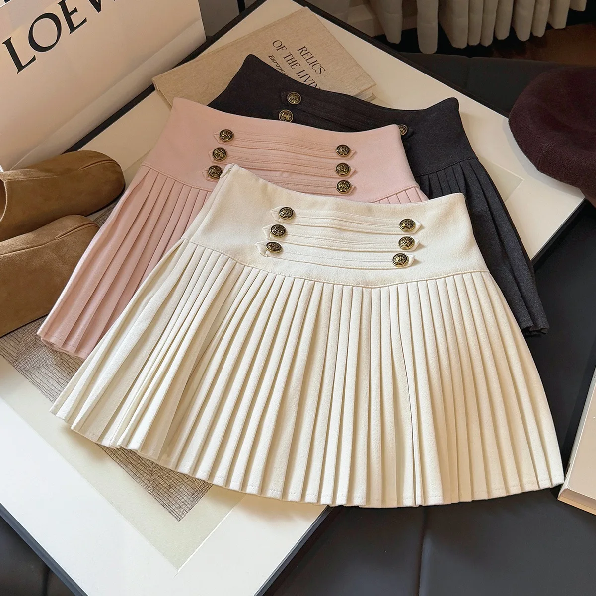 Korean Double-breasted Woolen Pleated Skirt Women Autumn and Winter New High-waisted A-shaped Skort Short Skirt