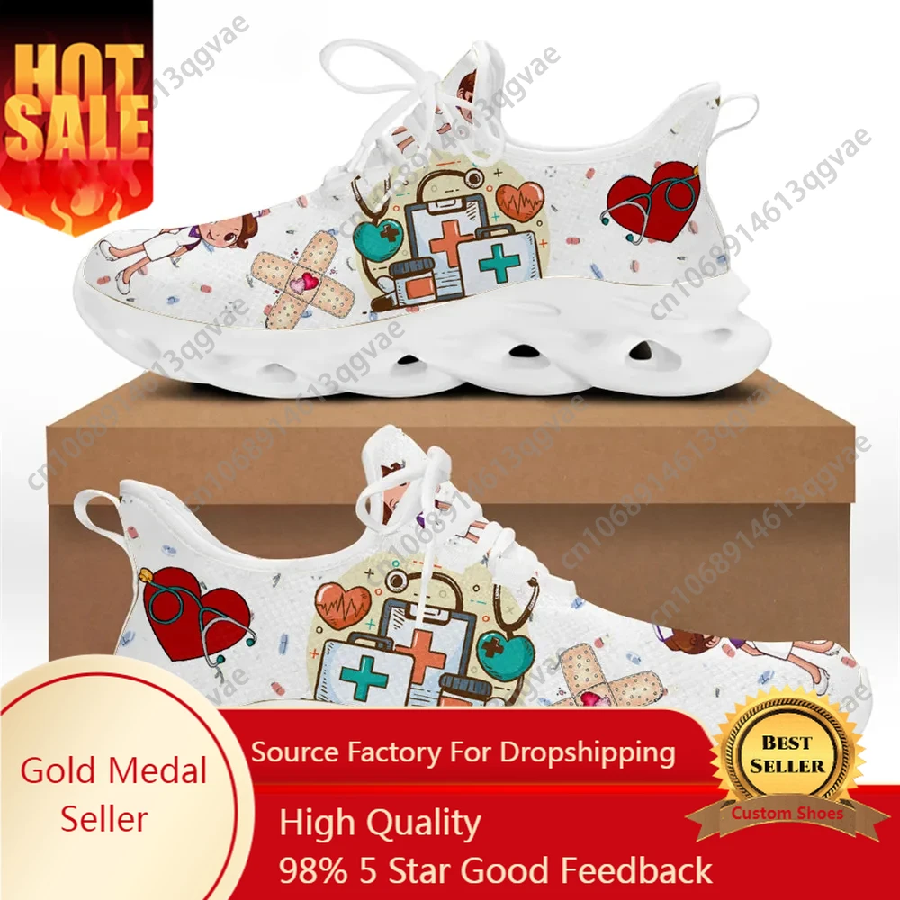 

Brand Design Women Sneakers White Nursing Shoes Cute Cartoon Nurse Doctor Medical Print Light Lace-up Flats Footwear