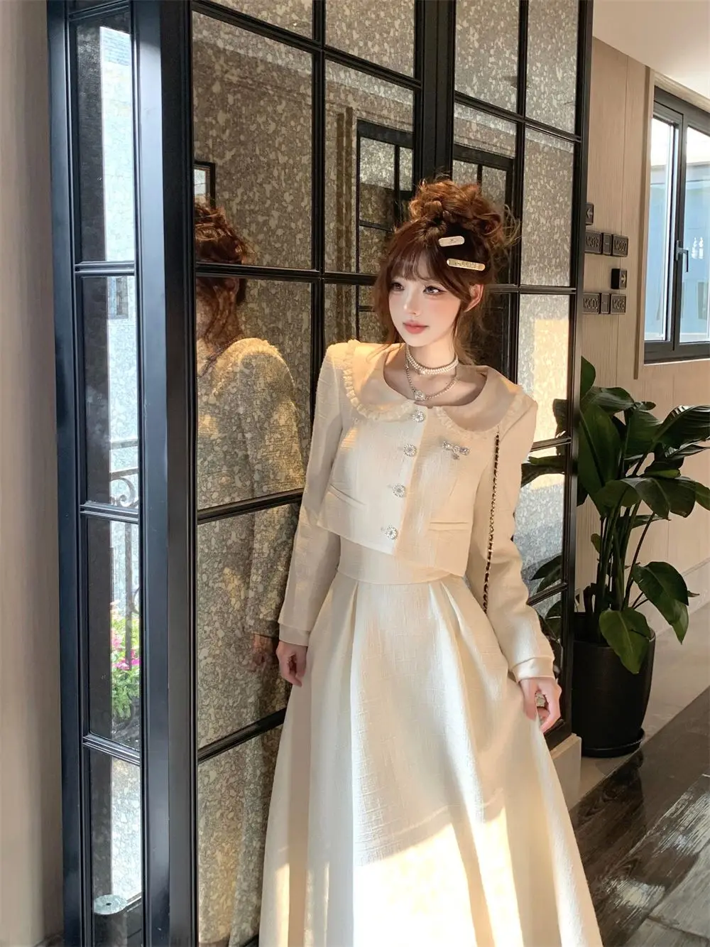 French Socialite Lace Trim Doll Collar Short Coat High Waist Slimming A-line Long Skirts Set Winter Two Piece Sets Women Outfits