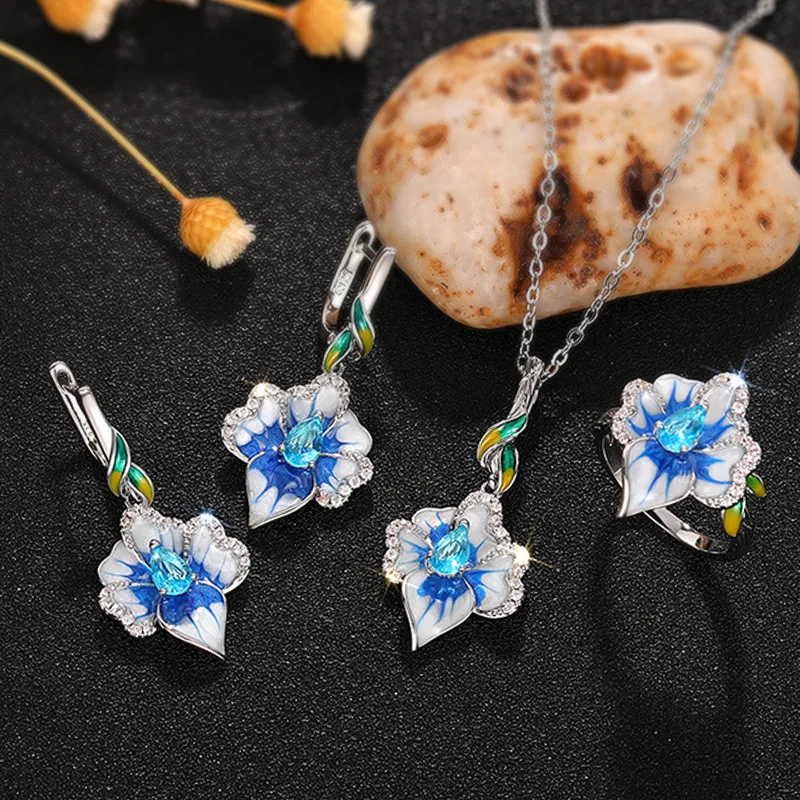 2026 New Flower and Flower Handmade Oil Dropping Enamel Jewelry Set, Horn Flower Small Fresh Countryside Jewelry Forest Series