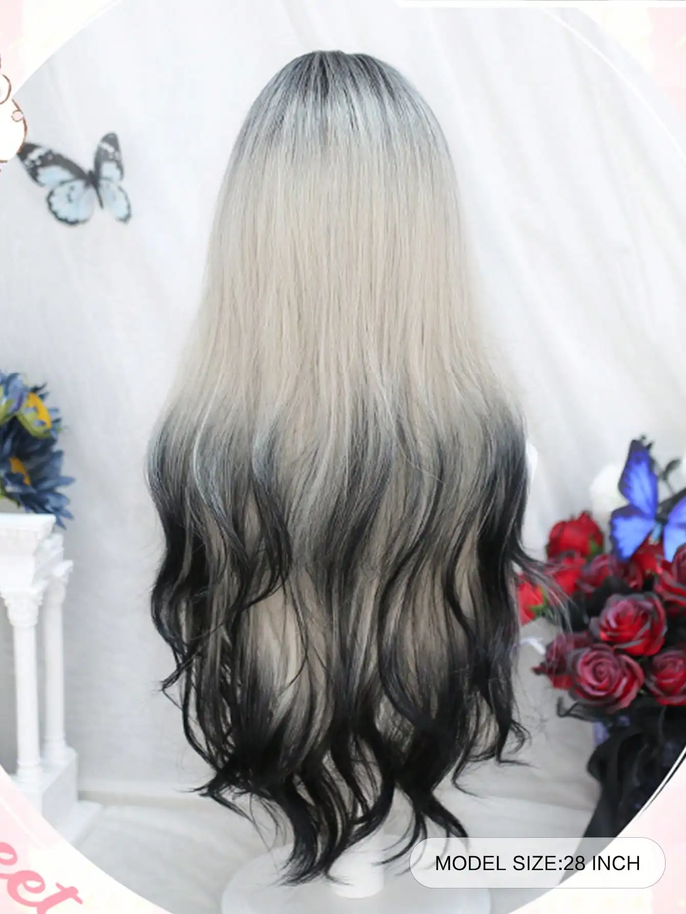 OLA Lange Körperwelle Schwarz Und Grau Ombre Cosplay Perücken Hitzebeständige Synthetische Perücken Pony Natürliche Lolita Perücken Für Frauen Halloween