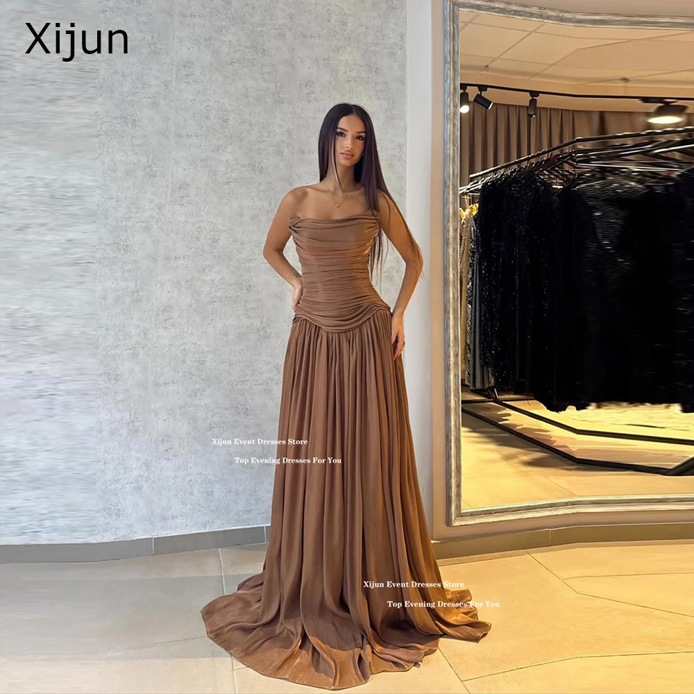 

Xijun Elegant Brown A-Line Evening Dresses Sleeveless Chiffon Formal Prom Dresses Floor Length Dubai Prom Gowns Women Customized