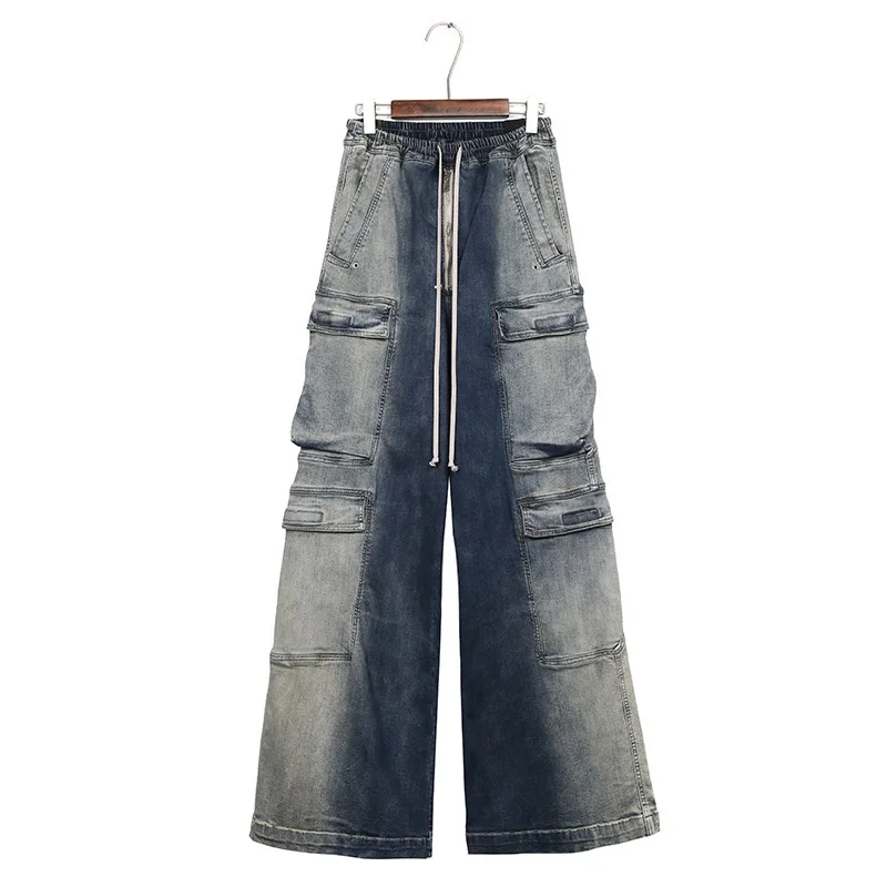 

European and American trendy brand multi-pocket overalls washed distressed gradient denim loose bell-bottom pants for men and wo