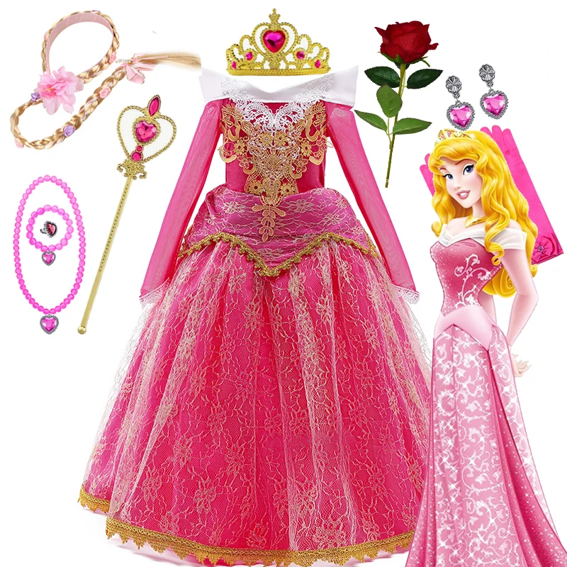 Bela Adormecida aurora princesa rosa rosa vestido crianças meninas vestir-se malha fantasia carnaval festa de aniversário vestido de renda roupas da disney