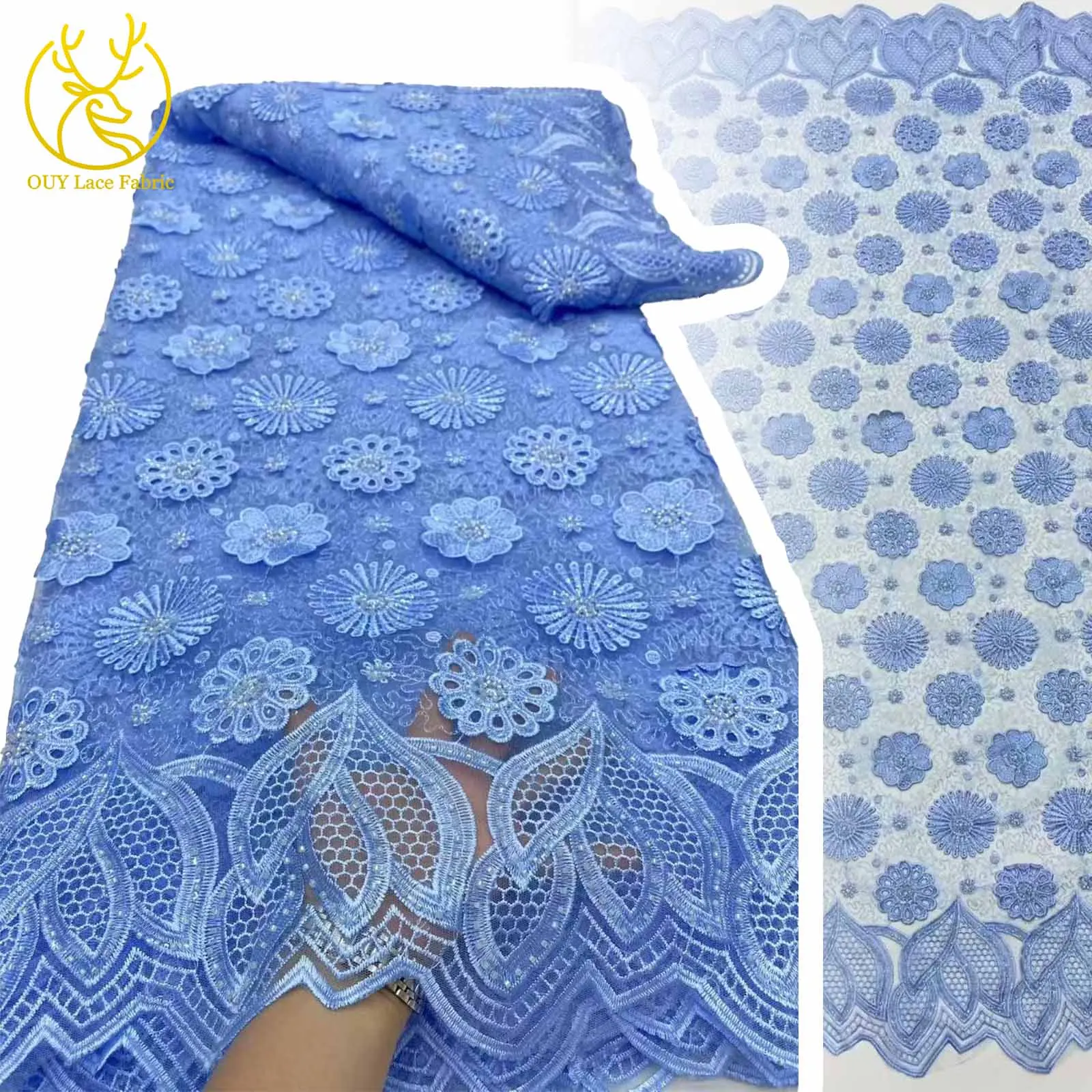 

Nigerian Guipure Cord Lace Fabric 2025 High Quality 3D Stones African Mesh Milk Silk Embroidery Lace Fabric Women Wedding Party