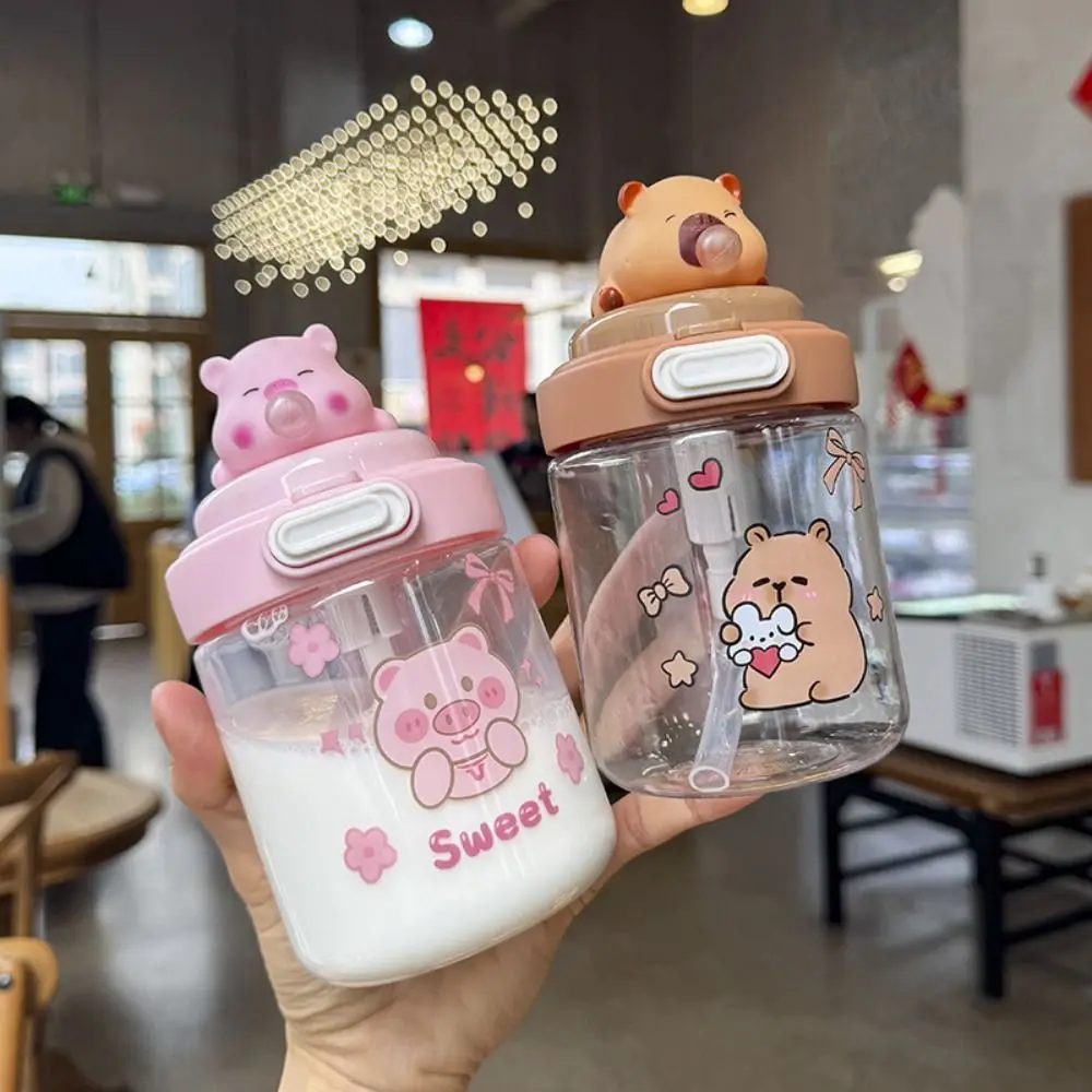 Milk Cup Spit Bubble Capybara Water Bottles 450/600ML Cute Cartoon Plastic Cup Piglet Dustproof Capybara Drinking Bottle Summer