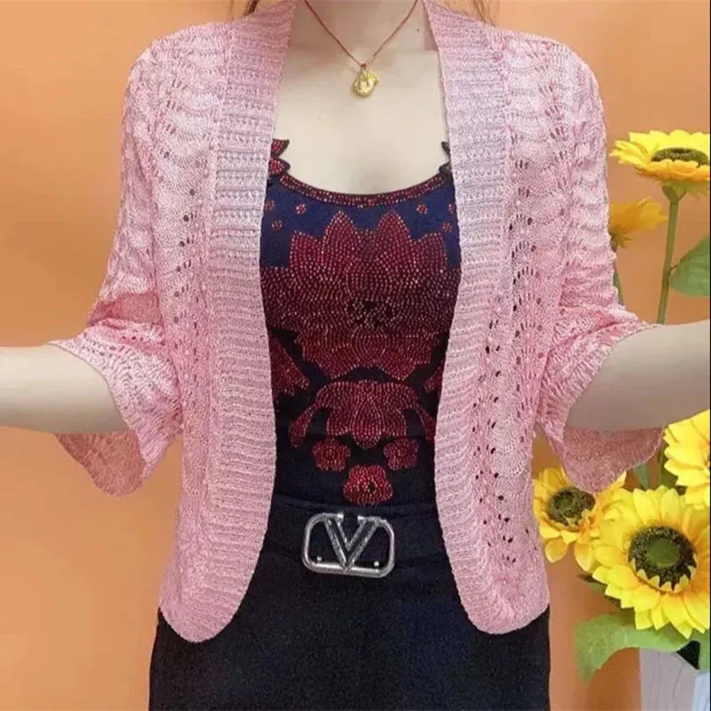 Summer Ice Silk Knitted Sunscreen Coat 2023 New Loose Fashion Cardigan Tops Solid Color Shawl Hollow Round Neck Coats Female