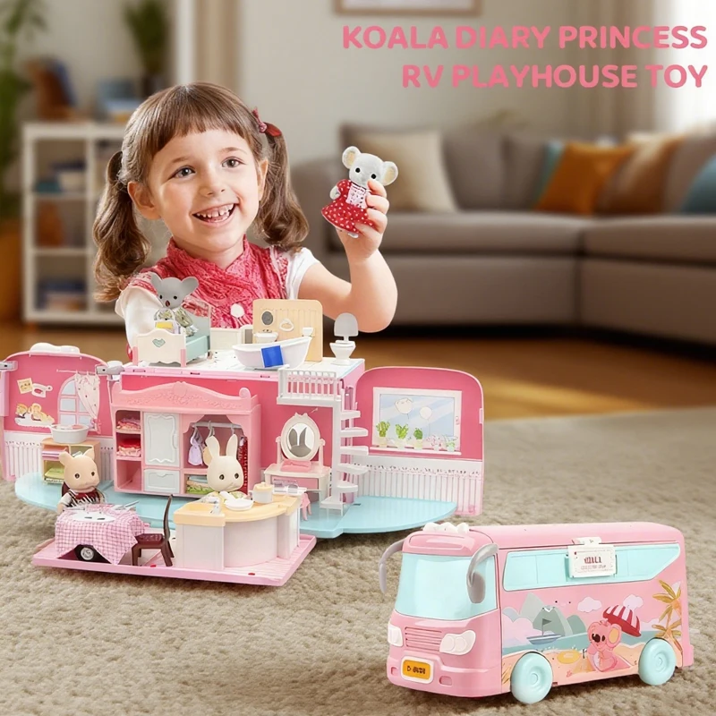 Koala Tour Bus Dollhouse Creative Crafts Miniature Animal Mini Rabbit Bear Play House Dolls Set Villa Furniture Toys Girls Gifts