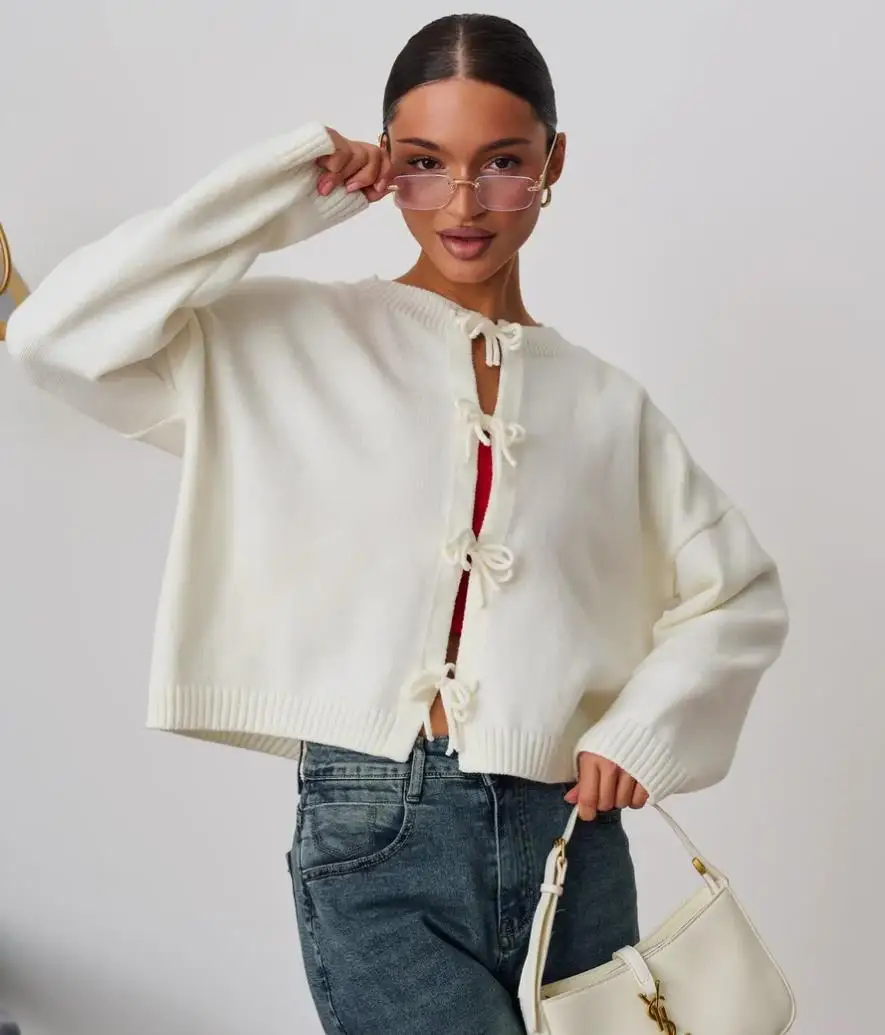 

Women's Commuter Casual Loose Solid-coloured Jumper V-neck Autumn Winter Cardigan Long Sleeve Soft Sweater 2025 Lady Knitwear