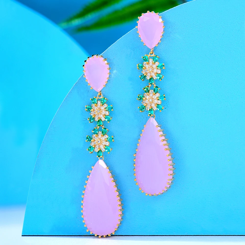 

Soramoore Luxury Romantic Sweet Pink Waterdrop Pendant Dangle Earrings For Women Girls Geometric Nigerian Women Wedding Gift