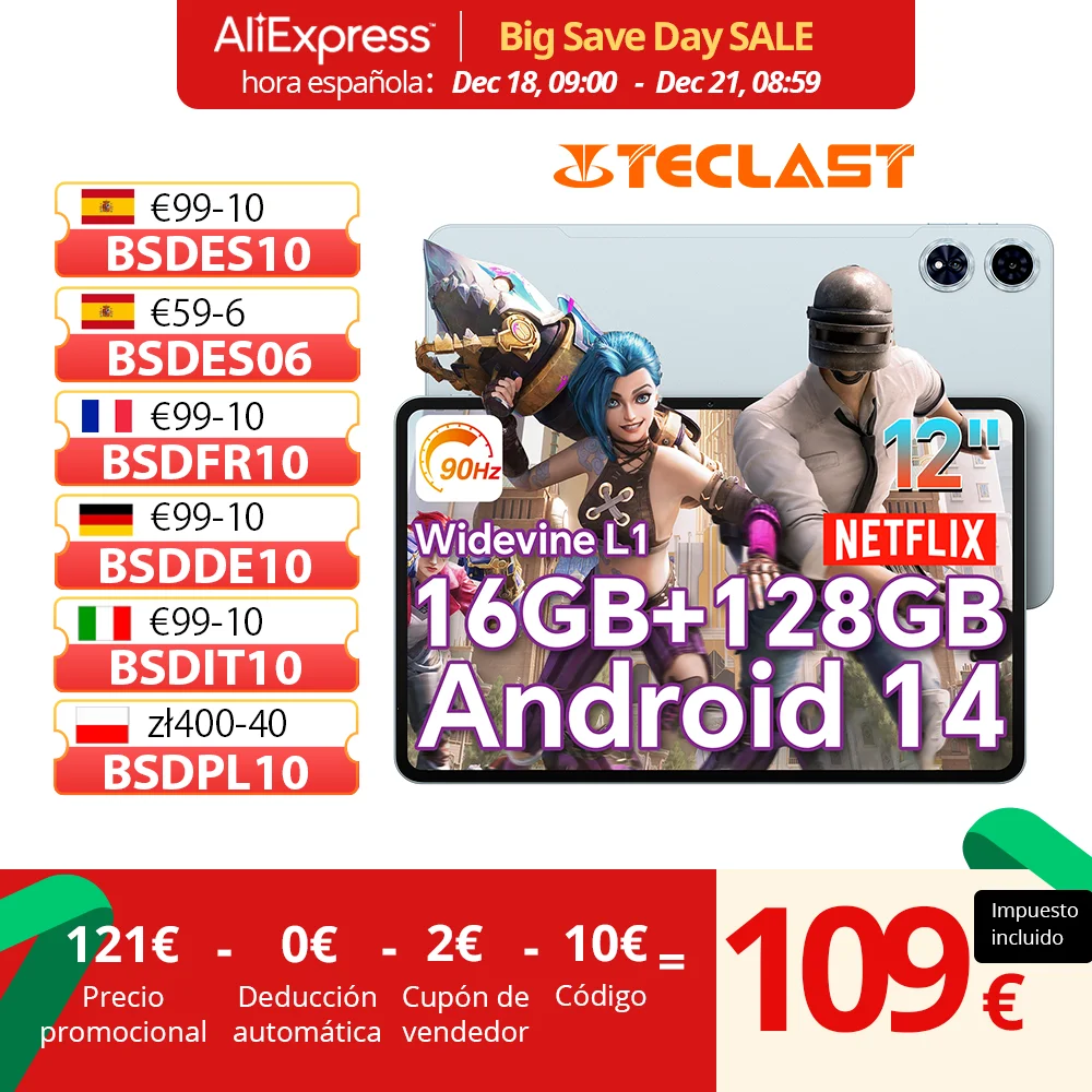 Teclast T60Plus Android 14 tablet 12 inch 2K 2000x1200 90Hz Widevine L1 MTK Helio G88 (6GB RAM + 10GB expansion) 16GB/128GB 8000mAh battery 4G LTE Dual SIM TF up to 1TB