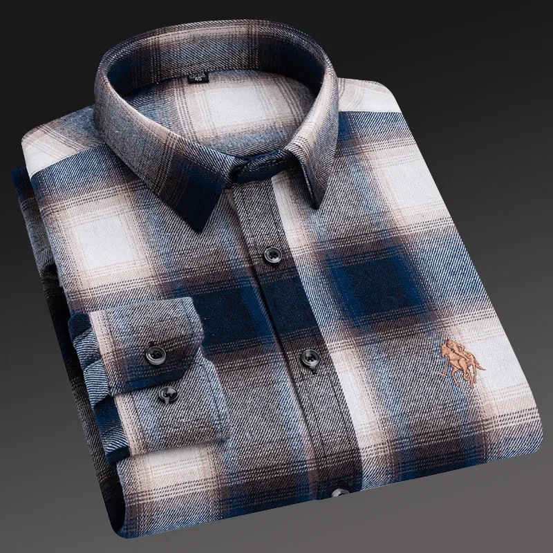 Increase 115KG men's 100% cotton sanded plaid long shirts for casual middle-aged and elderly fathers to wear shirts and jackets.