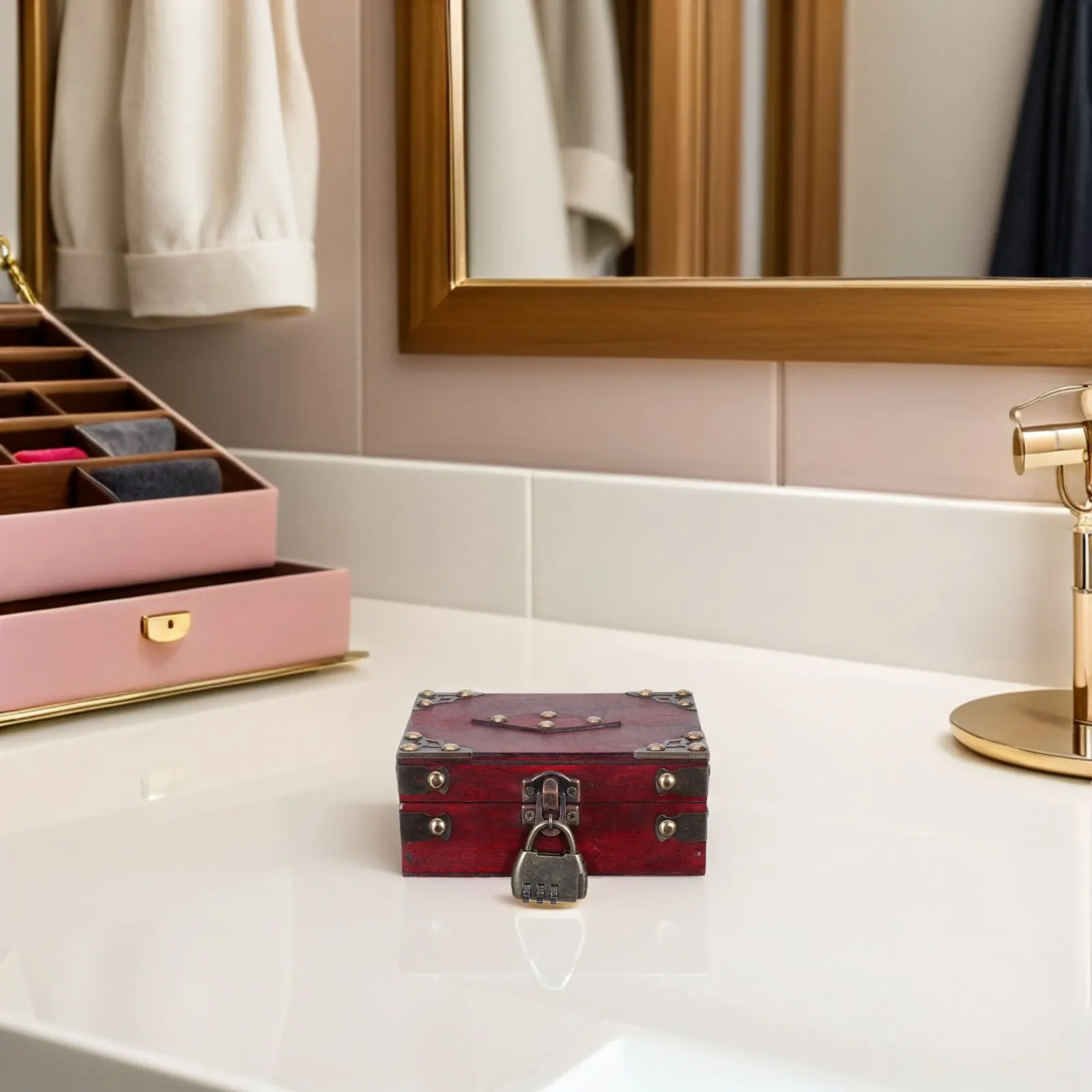 Cofre del Tesoro de Madera Vintage Rojo con Cerradura de Combinación de 3 Dígitos, Caja para Joyas con Llave, Estuche para Recuerdos con Cerradura, Cofre para Guardar Baratijas