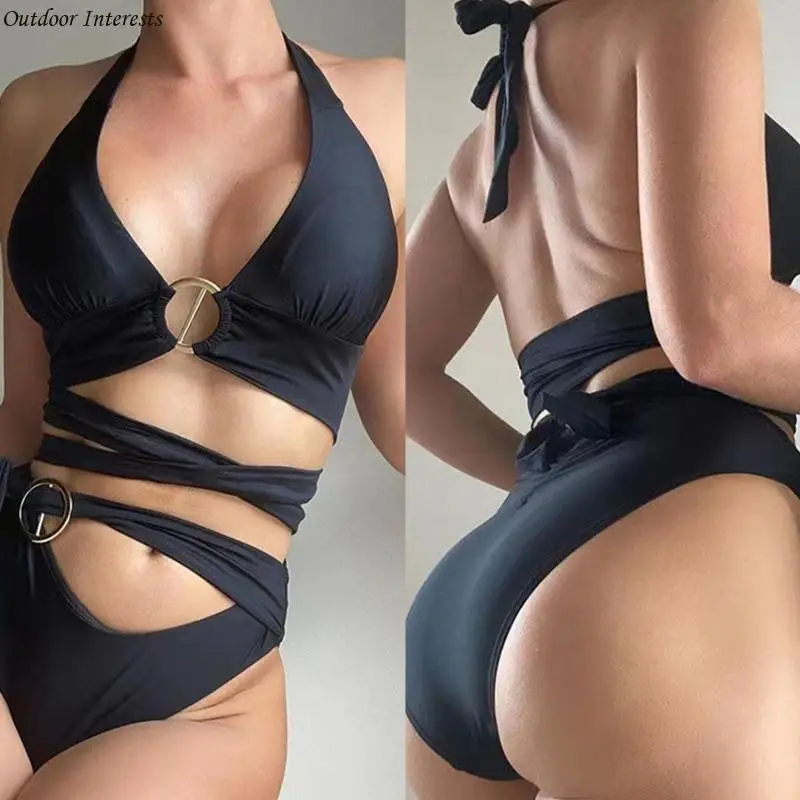 

Two Piece Women Swimsuit Halter Criss for Cross Top High Waisted S 400C