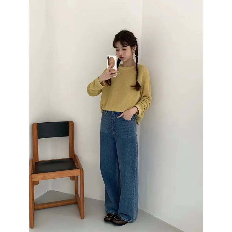 Luźny, swobodny sweter z lnu na lato i jesień w stylu Dongdaemun, dziergany, chroniący przed słońcem, o słodkim wyglądzie.