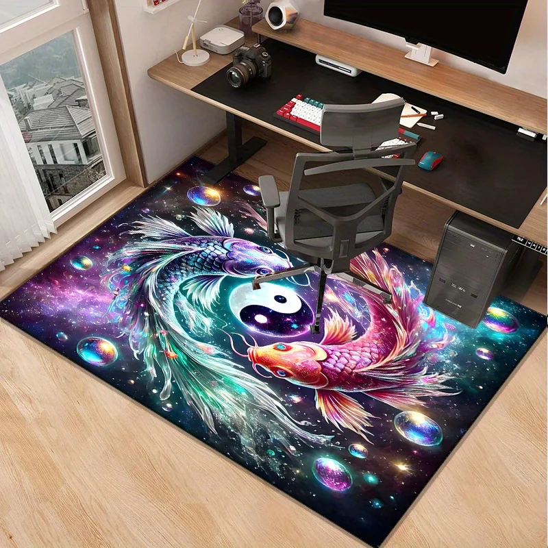 Cosmic Koi Fish Yin Yang Rug for Office Space, Galaxy Themed Carp Carpet with Spiritual Energy, Desk Mat Ideas Machine washable