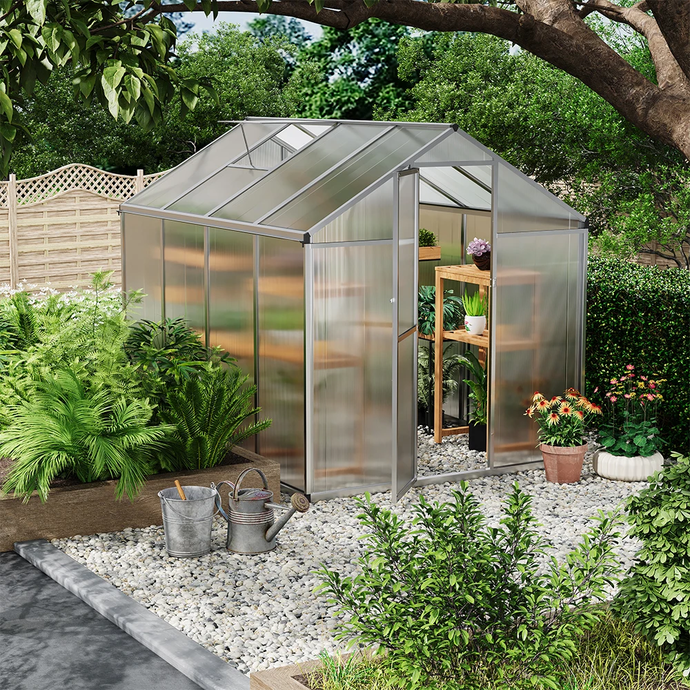 8x6ft 194.5cm H Sliver Freestanding Walk in Greenhouse Polycarbonate Greenhouse with Window