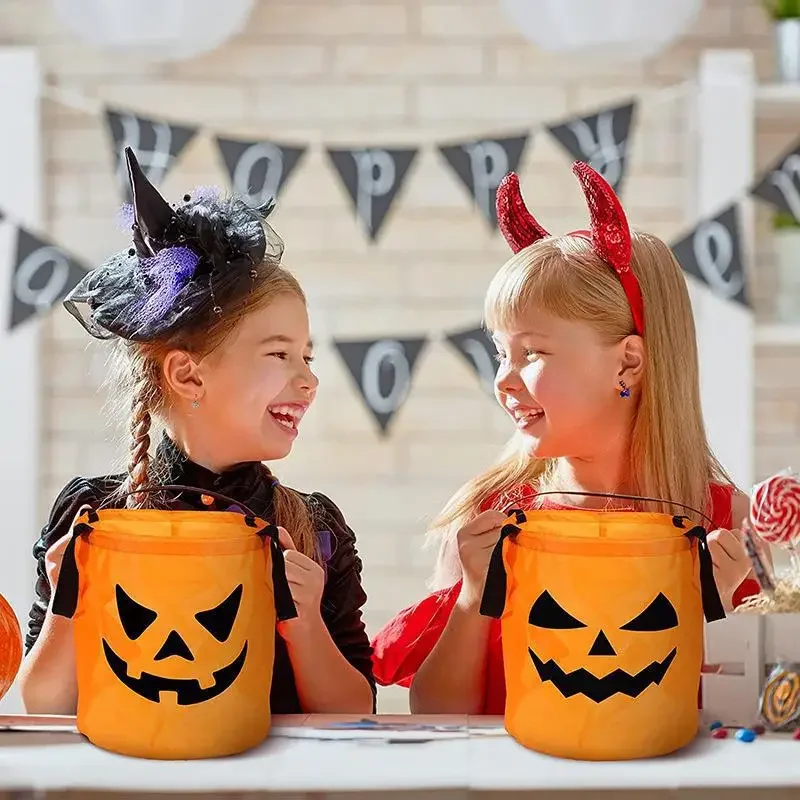 Cubo de calabaza con luz LED para Halloween, bolsa de dulces, plegable, para fiesta de Acción de Gracias, regalo