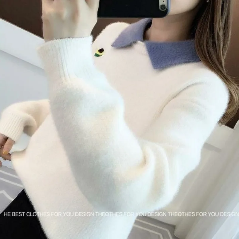 

Утолщенный норковый бархатный свитер для женщин, зима 2025, новый свободный низ с лацканами