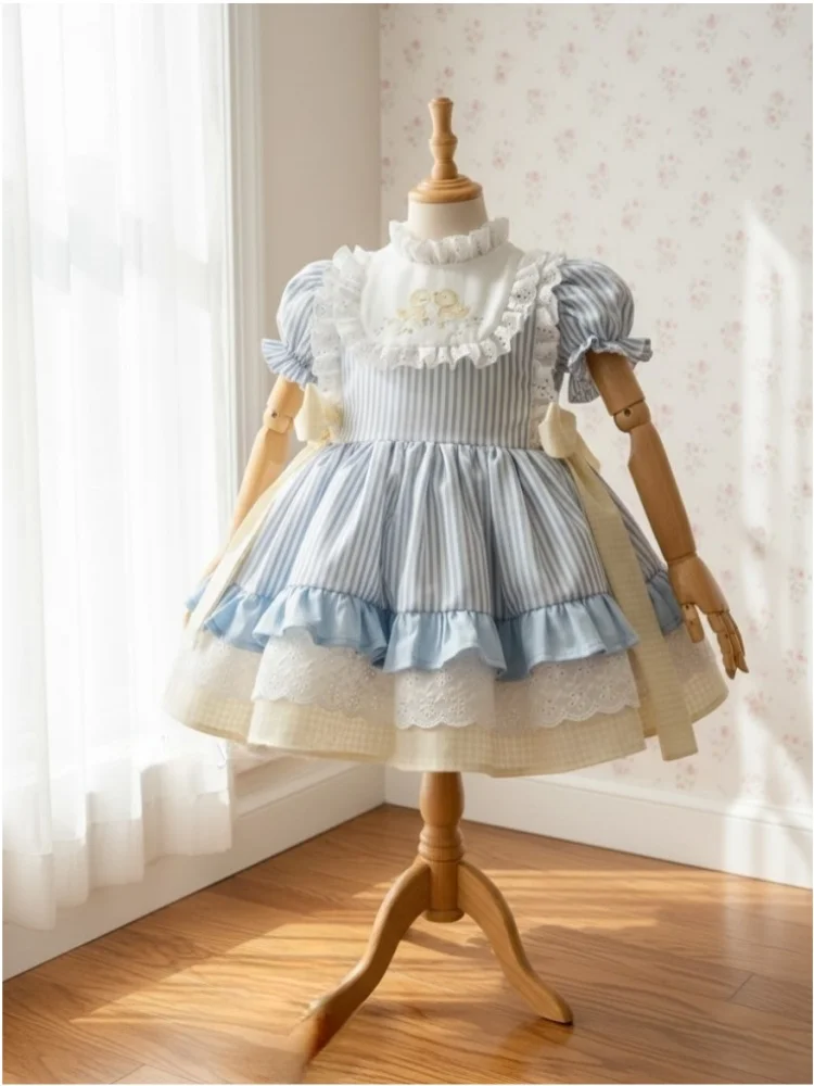 0-12 Year Girls Summer Fashion Blue stripes Dress with Cute Ducks Embroidery for Birthday Party Photography Casual B605