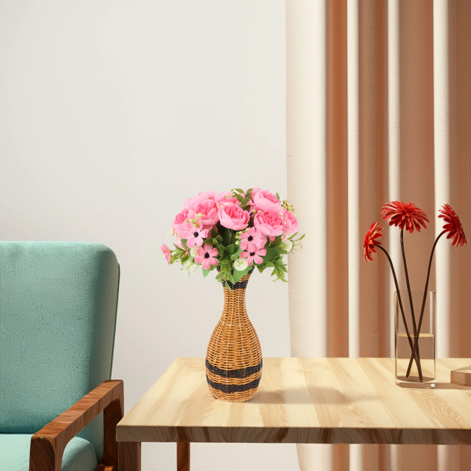 مزهرية داخلية منسوجة يدويًا بأسلوب الروطان، حاوية للزهور المجففة، مزهرية زخرفية بطراز المزرعة، تصميم عصري أنيق للمكتب