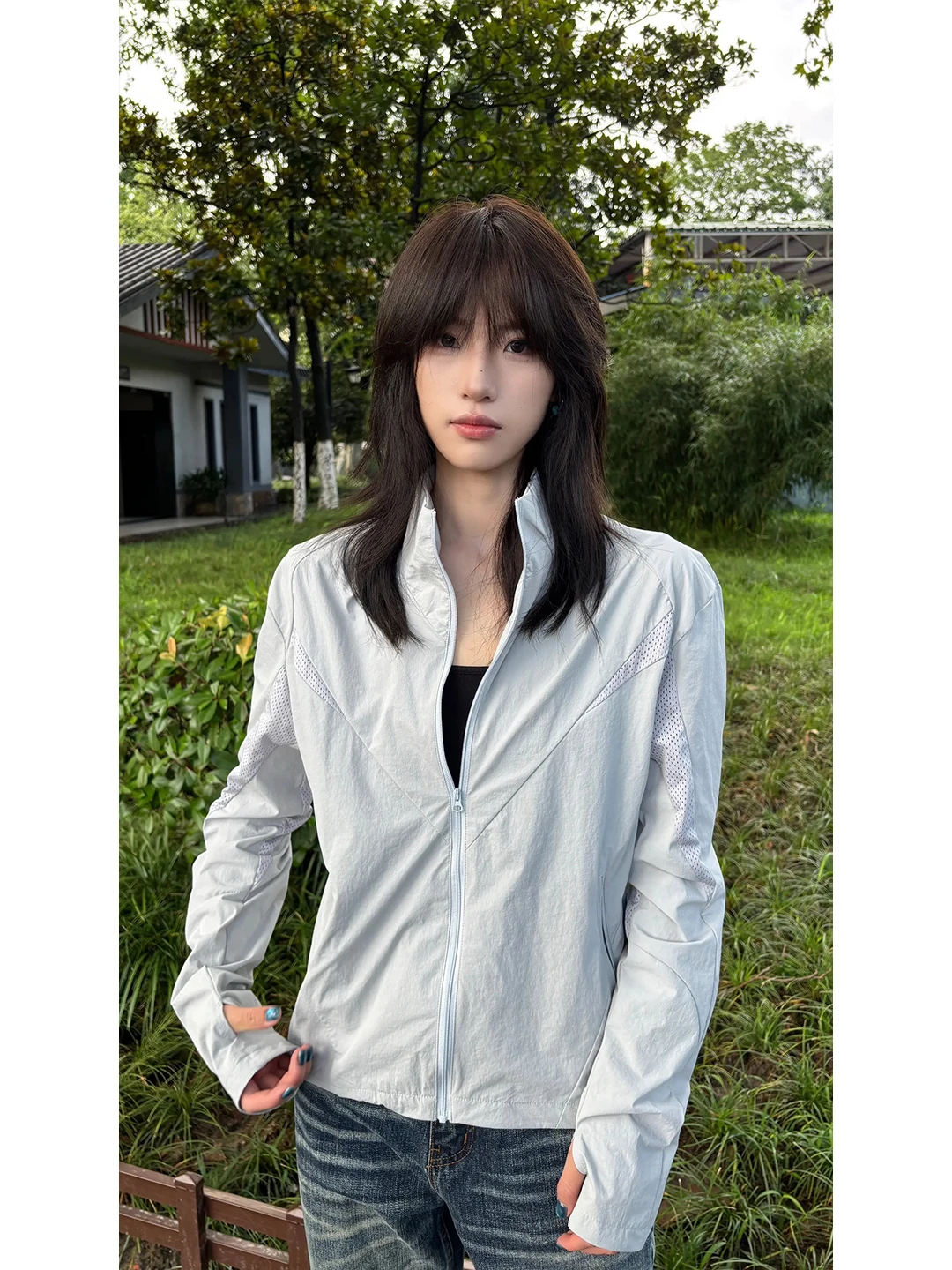 Gray Mesh Deconstructed Stand Collar Flight Jacket Men's American CleanFit Shoulder Outdoor Short Length Sun Protection Clothing