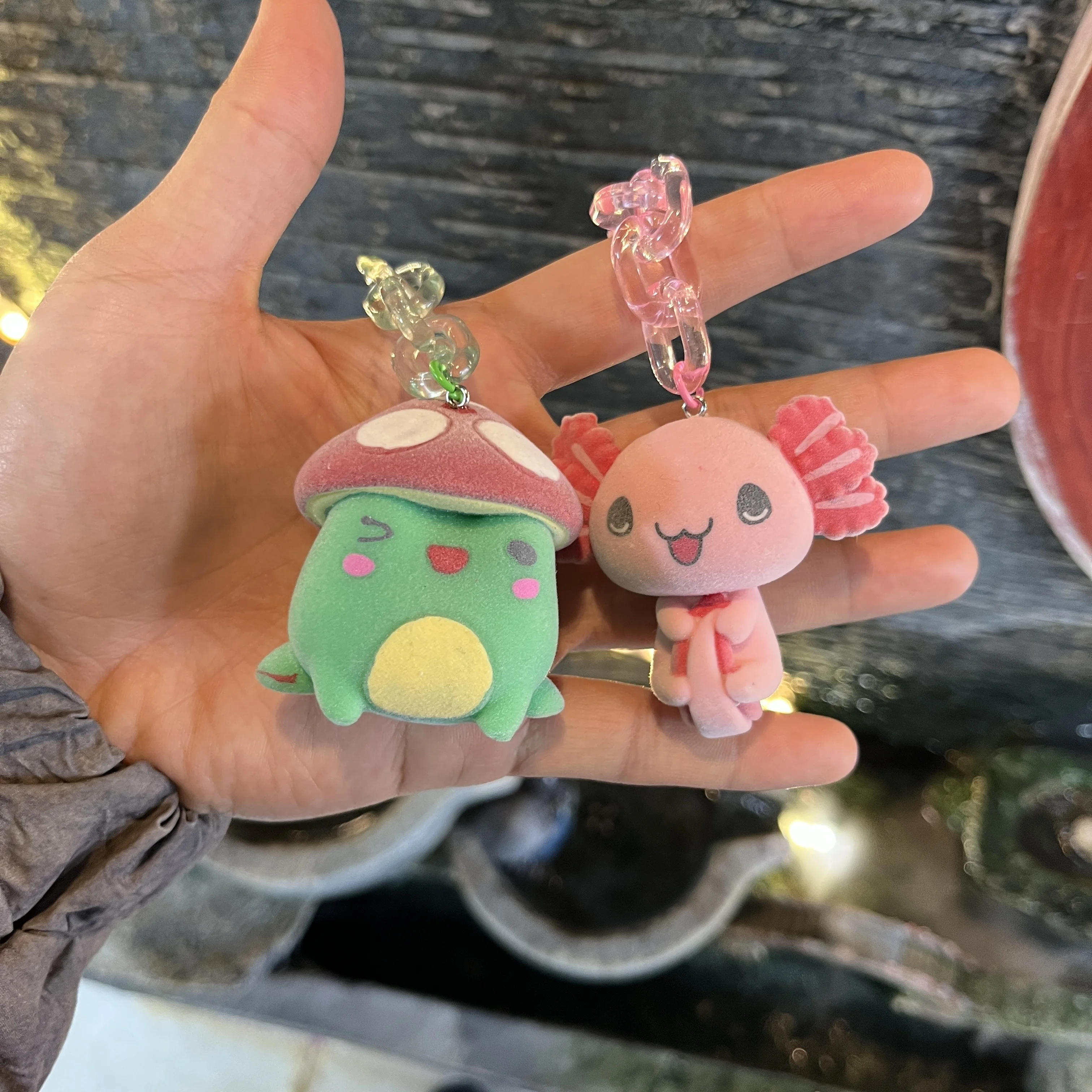Kawaii Flocked Frog Mushroom Keychain Pink Axolotl Keyring Fuzzy 3D Animal Figure Backpack Charm Cottagecore Aesthetic Girl Gift