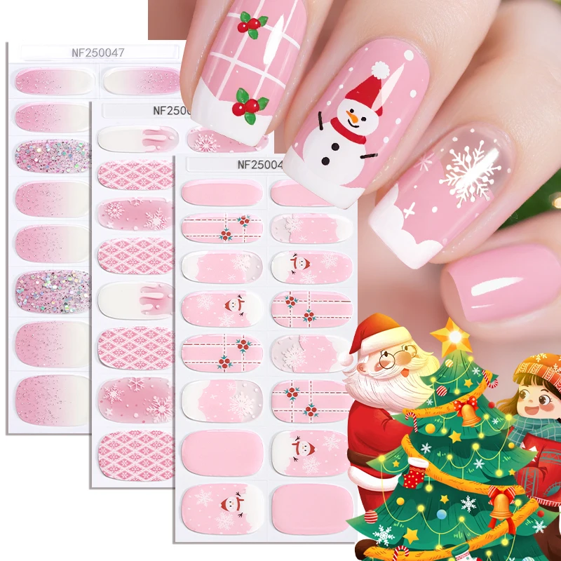 16Tips Christmas Semi Cured Gel Nail Strips Sparkly Snowflake Snowman Self-Adhesive Gel Nail Wraps Full Cover UV Nail Sticker