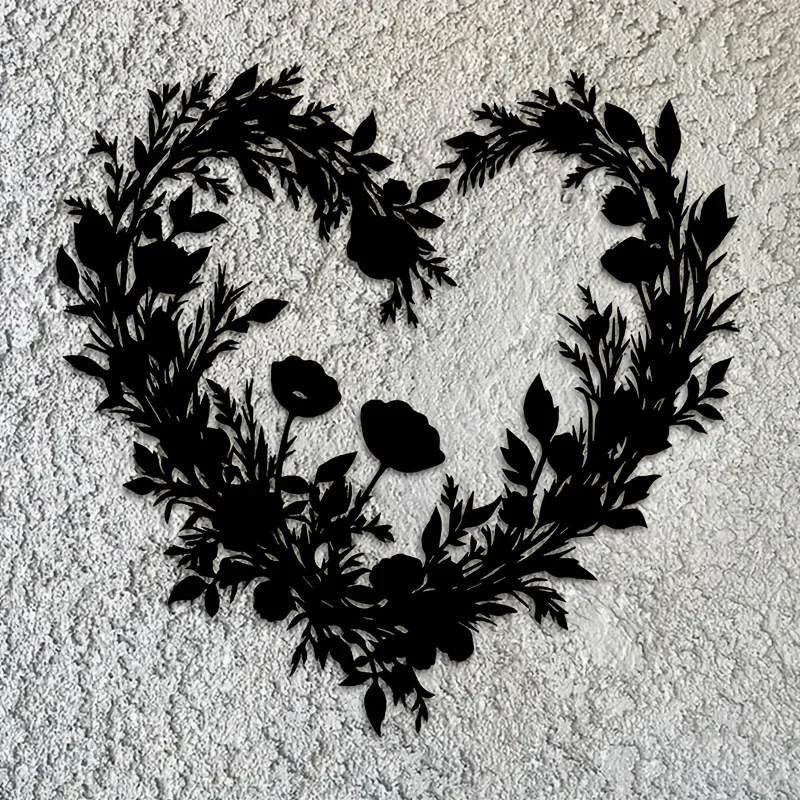 Brand 2D Flat Romantic Heart‑Shaped Floral Metal Wall Art,Laser‑Cut Vintage Flower Love Silhouette Mural for Bedroom Fence