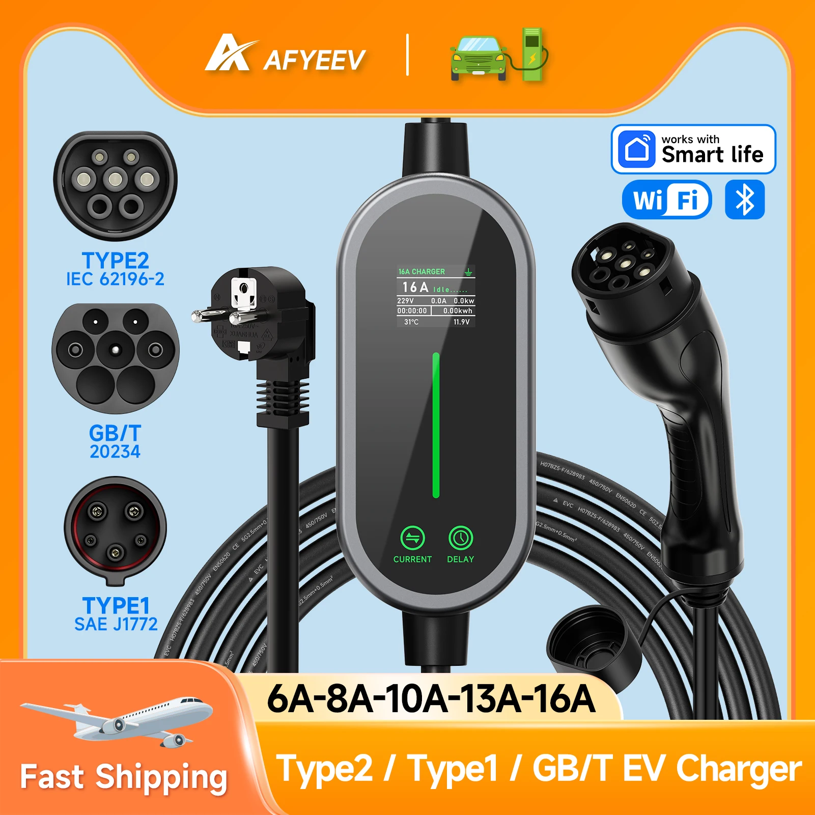 AFYEEV Portable EV Car Charger 3.6KW 16A 1Phase Type2 /Type1/GBT Charging Box 3.5M Cable With WIFI APP Control For Electric Car