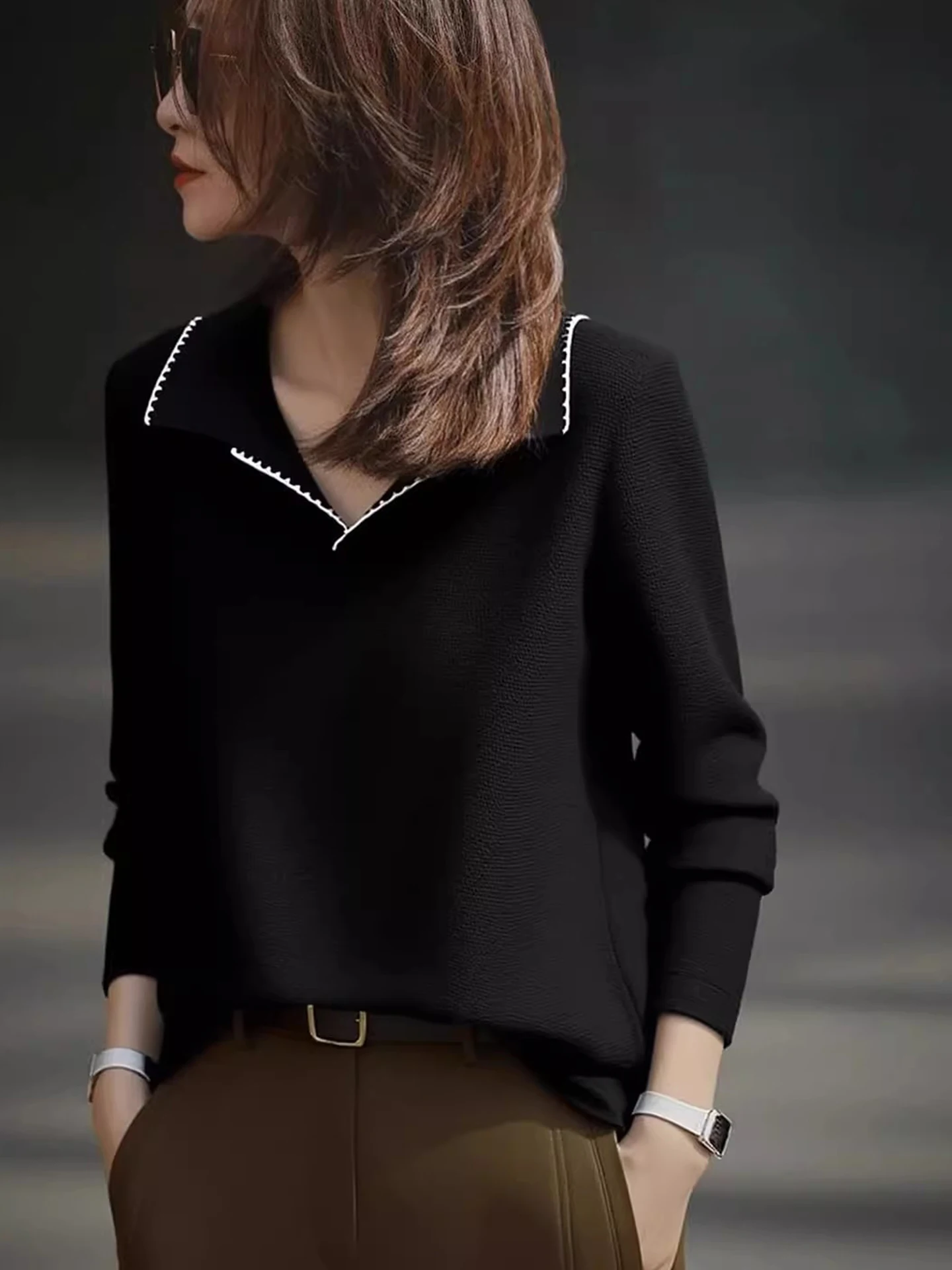 سترة نسائية محبوكة من Ele Long Sve بطبقة أساسية للتخسيس Sle Commute Faion قطع مستقيمة النسخة الكورية #1