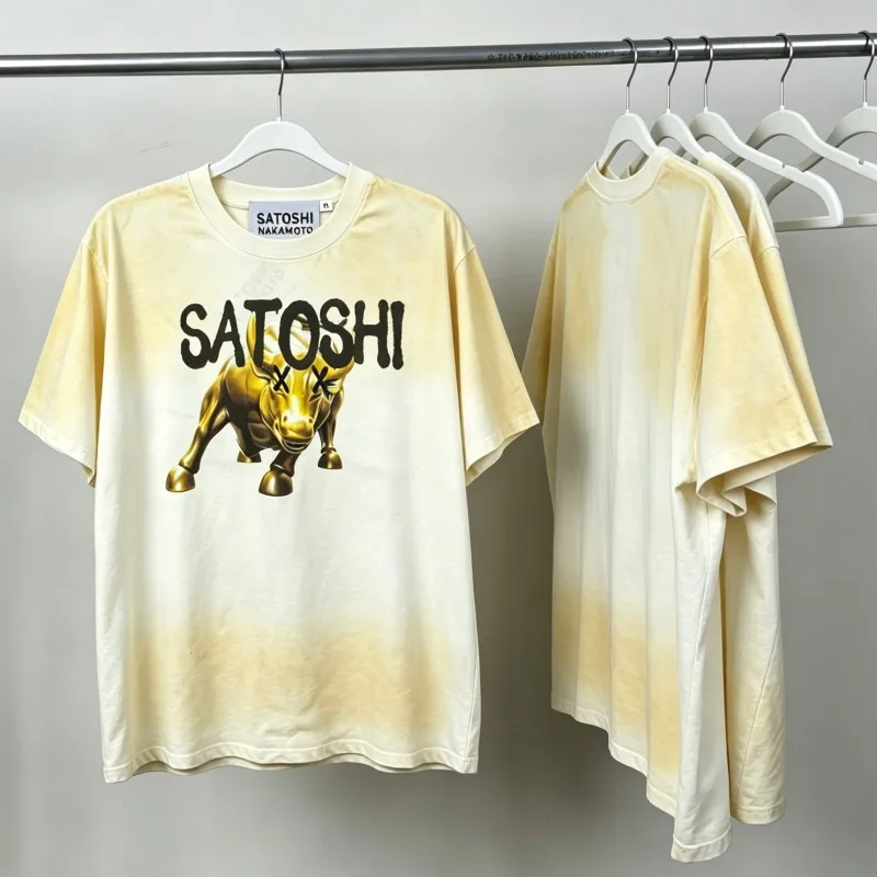 2XL American Retro Washed Spray Dirty Distressed Gold Ox Print SATOSHI Tshirts Summer Men Women Round Neck Short Sleeve Tops