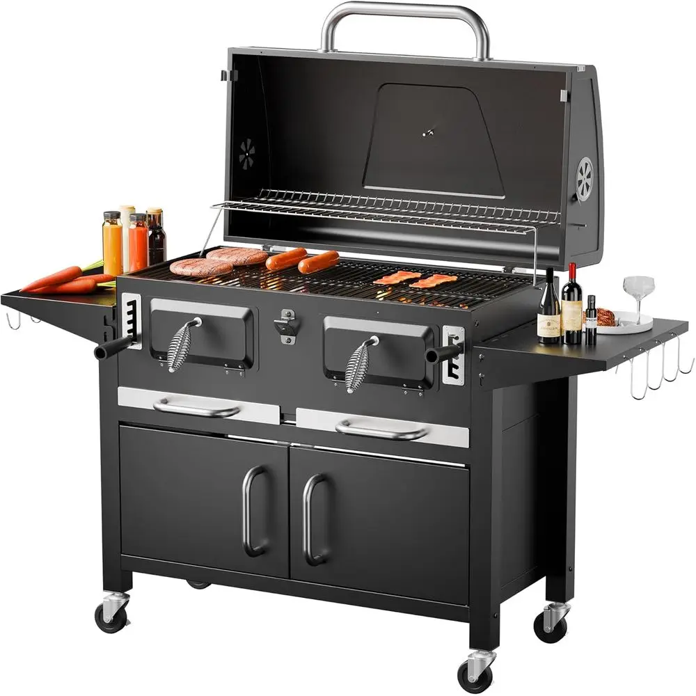 

Black Outdoor Charcoal Grill with 794 Sq. In. Cooking Space, Adjustable Trays, Foldable Side Tables, Lockable Wheels