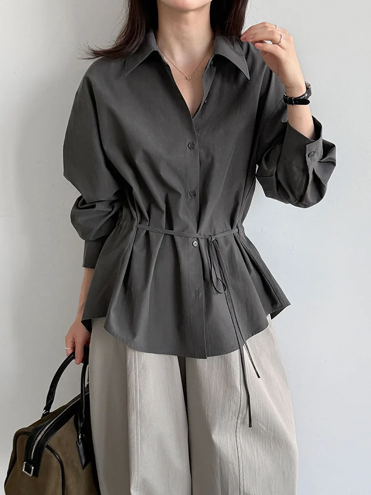 Women Autumn Drawstring Waist Shirt Korean 60%Lyocell 40%Cotton Lapel Collar Commuter Blouse Casual Top