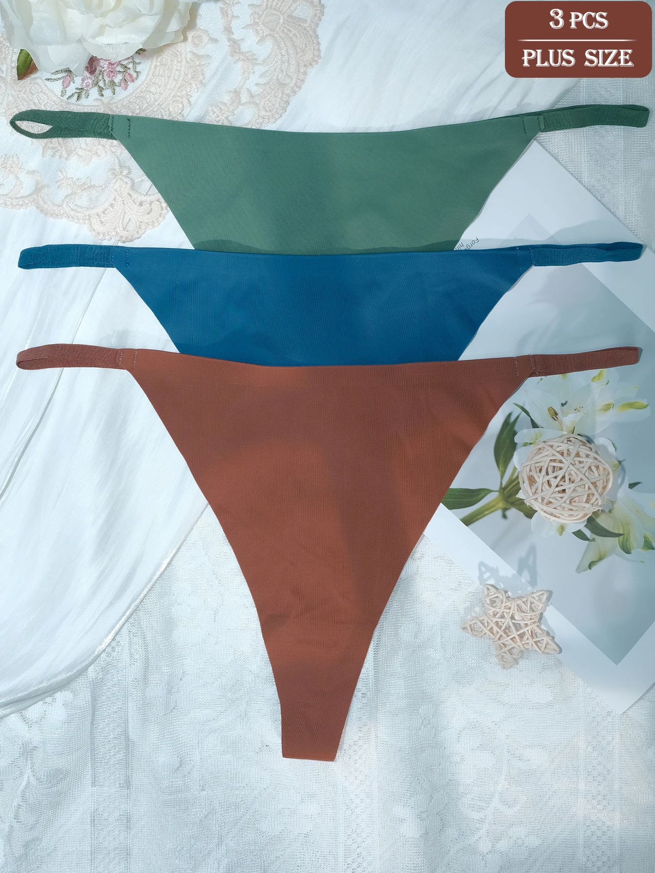 3pcs Women Plus Size Thong Panties - Low Waist Comfortable Sexy Underwear,Minimalist Multicolor Plain Suitable For Daily Wear
