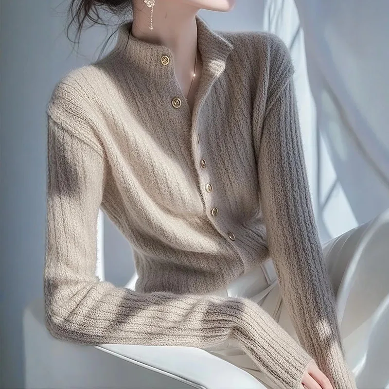 Sweaters Knitted Sweater Women Cardigans Fashion Long Sleeve Stand Collar Knit Sweater Cardigan Women Tops Sueter Feminino Q7757