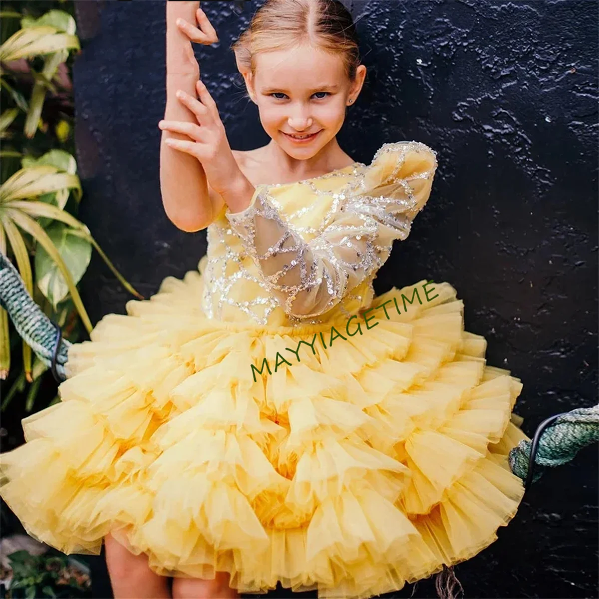 Puffy Baby Girl Dress Yellow Layers Flower Girl Dresses Cute Girl Princess Dress Girl Wedding Party Dress Child Kids Dresses