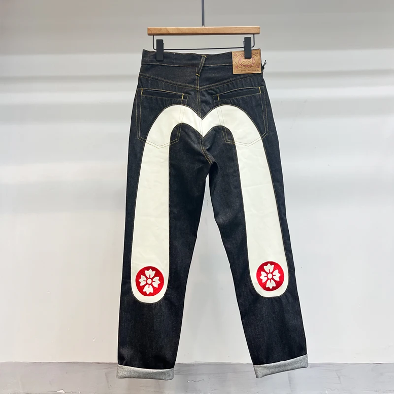 Original Color Men's Jeans Large Size Washed Denim Slim Fit Embroidered Large White Cherry Blossom Loose Straight Stitched