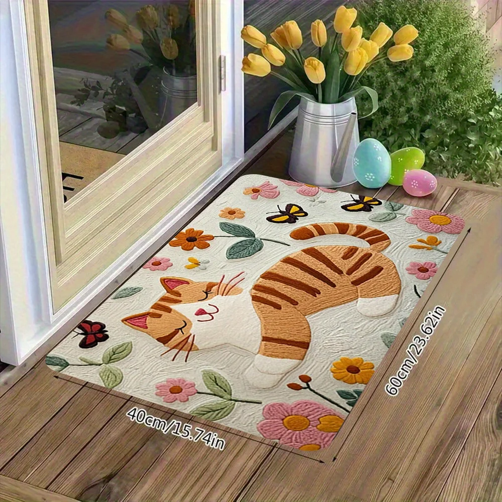 Cute Sleeping Cat Floral Flannel Doormat Non Slip Absorbent Machine Washable Rug for Entryway Bathroom Kitchen Home Decor Gift