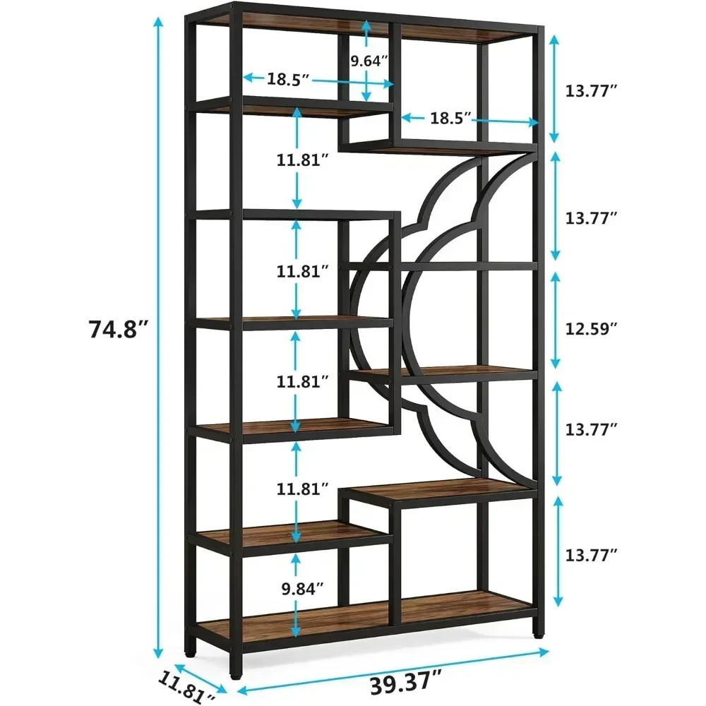 11-Shelves Tall Bookcase with Unique Arc-Shaped Design, Industrial Etagere Display Storage Shelves 11.8