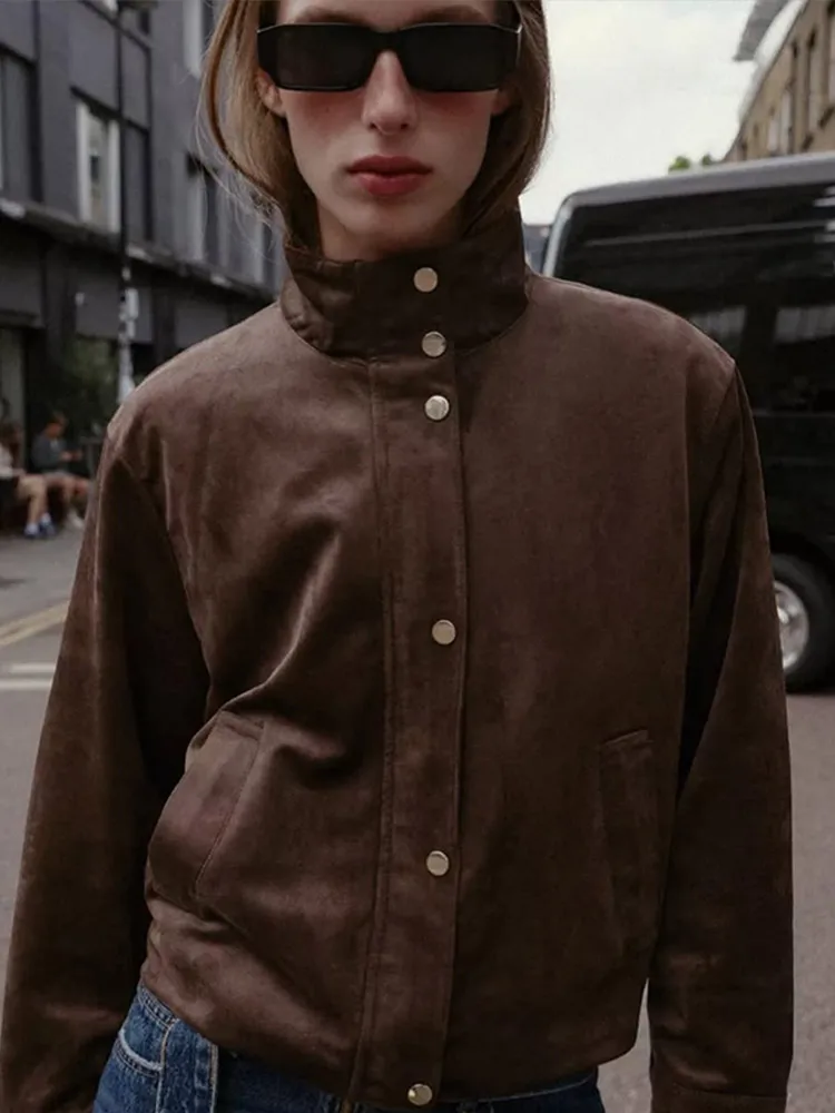 

Vintage Suede Short Jacket Women Fashion High Neck Full Sleeves Zipper Pocket Loose Jackets 2025 Lady Autumn Daily Street Coat