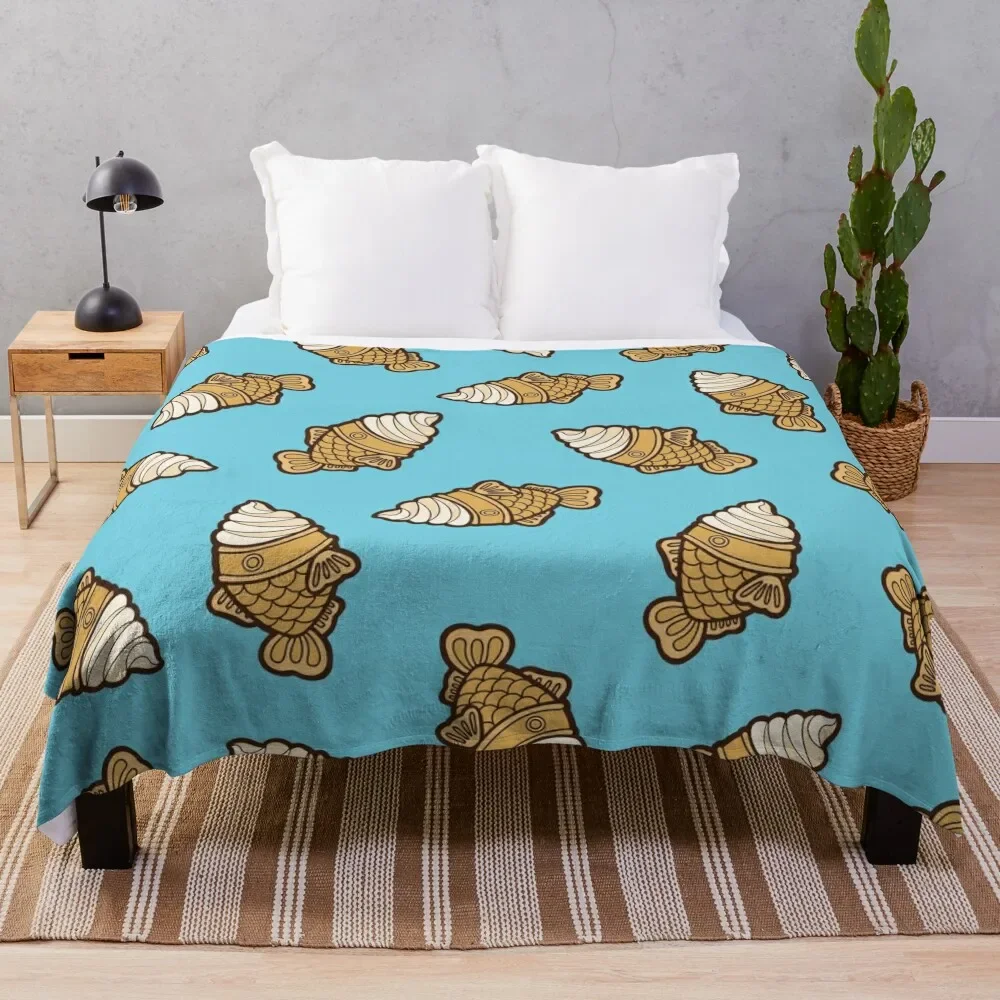 Taiyaki Icecream Fish Pattern on Blue Throw Blanket Custom christmas decoration Blankets